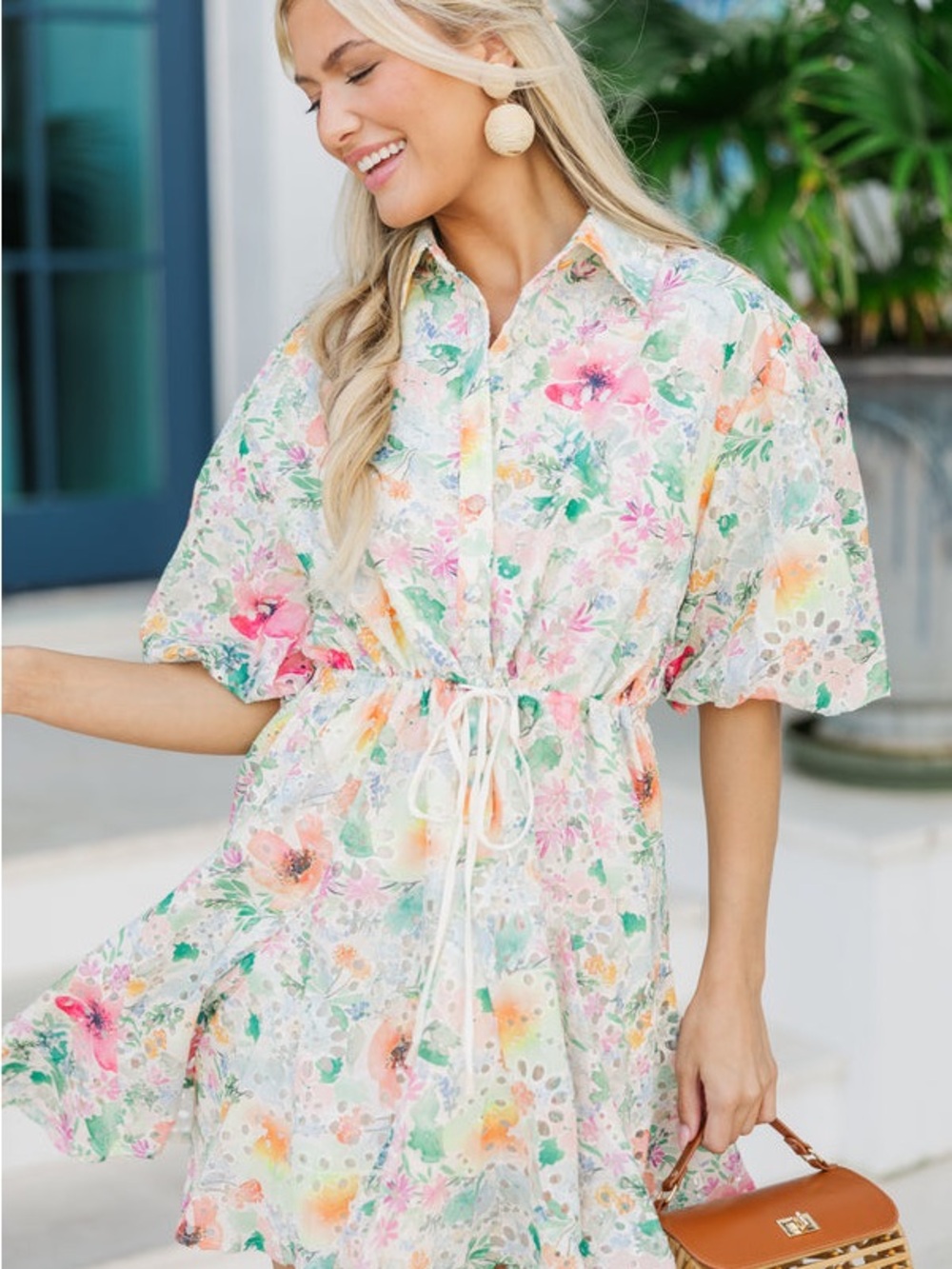 Lovelo Floral Eyelet Tie-Waist Mini Dress
